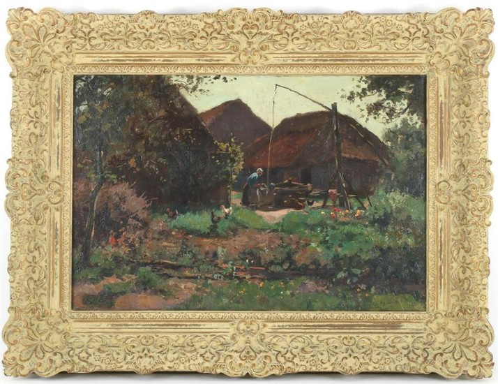 Woman at a farm with a well and chickens in the yard
