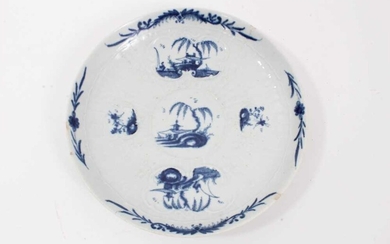 Worcester blue and white strap-fluted saucer dish, circa 1756, decorated with scrollwork panels containing Chinese landscapes, and foliate patterned rim, 18.5cm diameter