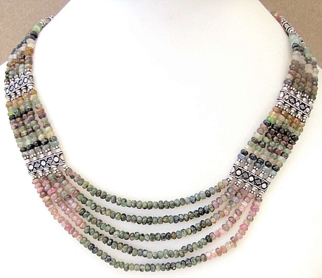 Yemenite old faceted gemstone bead and filigree silver 5 strand necklace, 80 gr.