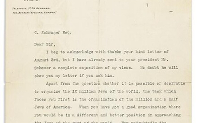ZANGWILL, ISRAEL. Typed Letter Signed, to Charles