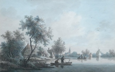 attributed to Nicolaas Wicart (1748-1815), Riverscape with fishermen, watercolour and chalk on...