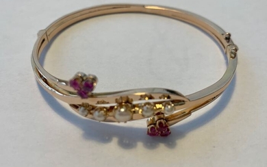 bracciale oro giallo motivi floreali rubini e microperle - 18 kt. Yellow gold - Bracelet Ruby