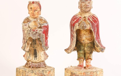 iGavel Auctions: Pair of Chinese Polychrome Carved Wood Figures, Qing Dynasty FR3SHLM