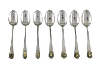 (lot of 7) Birks sterling demitasse spoons with natural gold nugget specimen