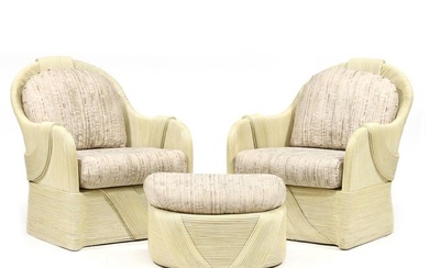 manner of Betty Cobonpue, Pair of Rattan Lounge Chairs and Ottoman