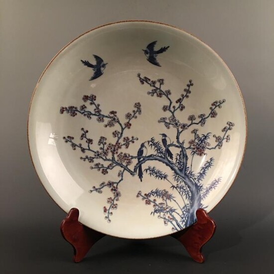 Chinese Blue-White Copper Red 'Bird & Flower' Charger
