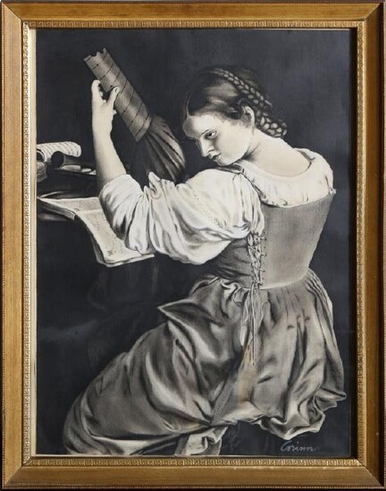 Corinne, Woman Playing Lute, Charcoal and Pastel