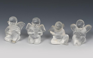 A set of four modern Lalique glass cherubs, three …