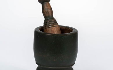 Turned and Green-painted Mortar and Pestle, America, 19th century, ht. 7 3/4 in.