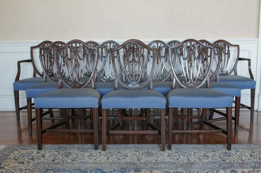 (12) HEPPLEWHITE STYLE SHIELD BACK DINING CHAIRS