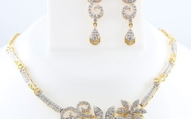 14 K Yellow Gold Diamond Necklace & Chandelier Earrings