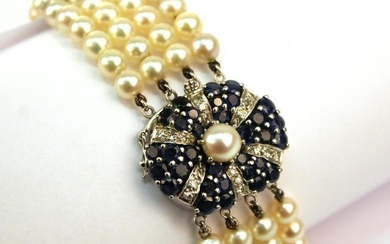 14K Gold Diamonds Sapphires & Pearls Bracelet