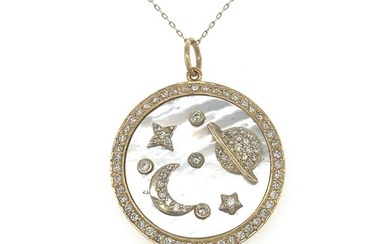 14KT YELLOW GOLD MOTHER OF PEARL PLANET PENDANT WITH DIAMONDS