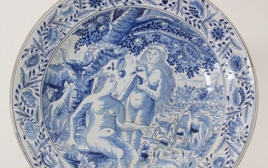 Fayence Platte 'Adam und Eva im Garten Eden'...