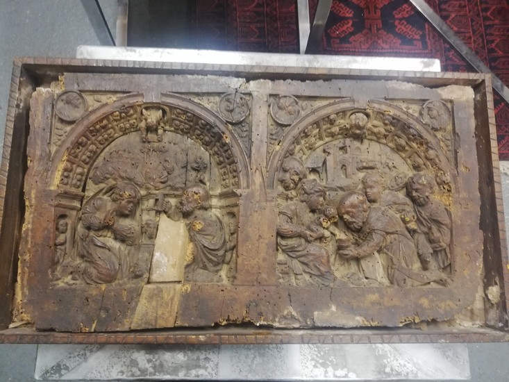 16th century 2 arched panel carving of round arch & figural ...