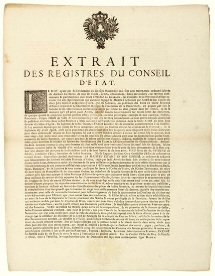 1734. ALSACE. STRASBOURG. SUBSCRIPTION TO THE TENTH. "Extract from the Registers of the Council of State", held in VERSAILLES, 28 Dec. 1734. "The Inhabitants of the Province of Alsace would have made representations which would have committed His...