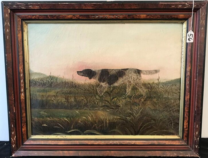 1800's oil on canvas of a Bird Dog in a marsh