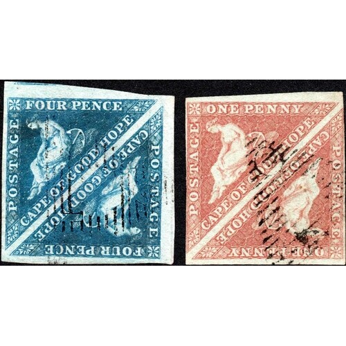 1853 DEEPLY BLUED PAPER 1d BRICK RED, a used pair, just touc...
