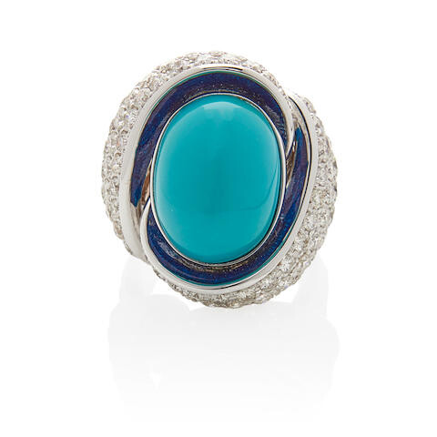 18K WHITE GOLD, TURQUOISE AND DIAMOND RING, ITALY
