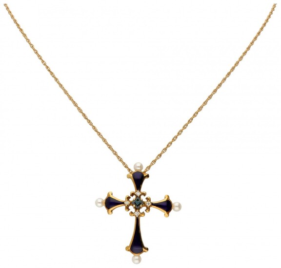 18K. Yellow gold necklace with 'The Sapphire Midnight Cross' pendant from the House of Igor...