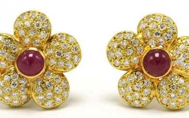18Kt Cabochon Ruby & Diamond Flower Earrings