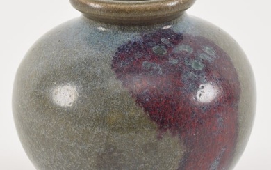 18th century Chinese small chun ware vase. Red flambe patch on blue gray ground.