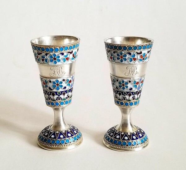 19C Russian Silver Enamel Pair Cups