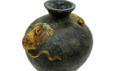 19th Century Asian Brass & Copper Gilt Snake & Rat Vase