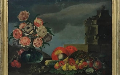19th Century French Oil, Ornamental Flowers & Fruit Still Life Classical Setting