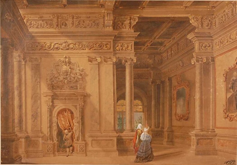 19th century Italian school - Palazzo interior scene, watercolour...