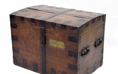 19th century metal bound oak silver chest, the slightly dome...