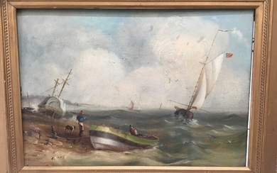 19th century oil on board, Coastal scene