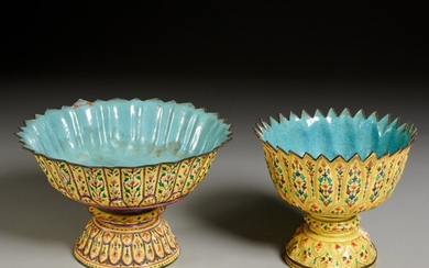 (2) Royal Thai enameled copper footed bowls