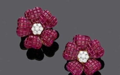 RUBY AND DIAMOND FLOWER EARCLIPS.