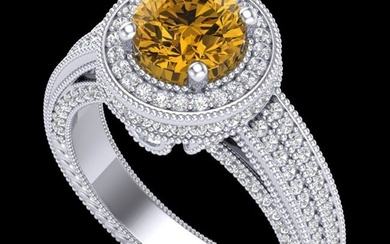 2.8 ctw Intense Fancy Yellow Diamond Art Deco Ring 18k White Gold