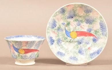3 Color Thumbprint Peafowl Pattern China Cup & Saucer.