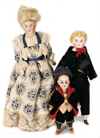 3 pieces, dollhouse dolls, lady, bisque shoulder headed
