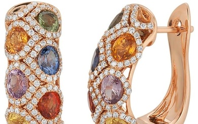 3.49 Ct Multi-Color Sapphires 1.10 Ct Diamonds 18K Rose Gold Huggie Earrings