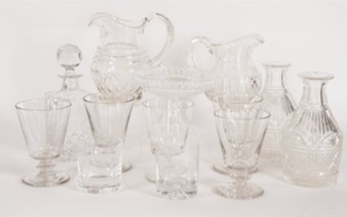 A collection of glassware, comprising a modern 'North Mymms Park' square decanter and stopper and a ...