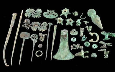 36 Moche Copper / Bronze Tupus, Amulets, Finials + Tumi