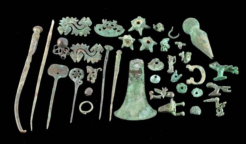 36 Moche Copper / Bronze Tupus, Amulets, Finials + Tumi