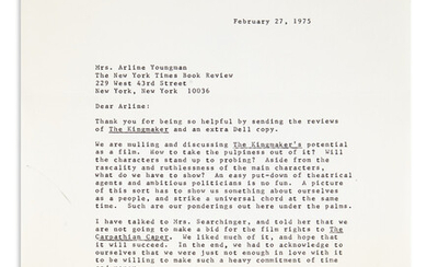 PECK, GREGORY. Two items, each to New York Times editor Arline Youngman: Typed...