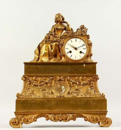 A 19TH CENTURY FRENCH ORMOLU MANTLE CLOCK, mounted with