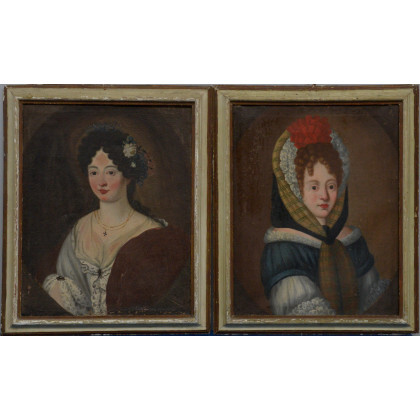 Scuola italiana della fine del secolo XVIII, coppia di dipinti ad olio su tela raffiguranti "Ritratti di dame" (cm 73,5x59)...
