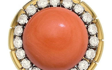 55056: Coral, Diamond, Gold Ring The ring features a c