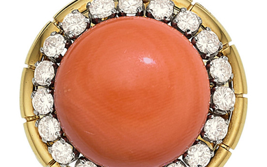 Coral, Diamond, Gold Ring The ring features a...