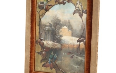 A 19th century screen decorated with birds in landscape on canvas, opposite side embroidered with crowned monogram. H. 118. W. 70 cm.