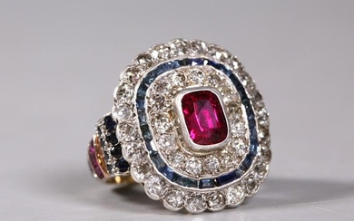 Art Deco Ruby Diamond Sapphire Cocktail 14K Ring