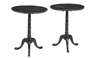 A pair of black and gilt japanned circular tables in George II style
