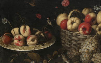Caravaggesque Master of the 17th Century Fruit, Basket and Birds Oil on canvas 68x82.5 cm. Framed (defects)